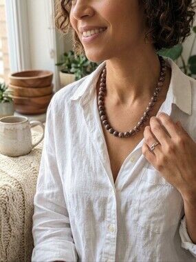 Natural Pink Granite Rhodonite Stone Round Bead Necklace 61g Silver Clasp